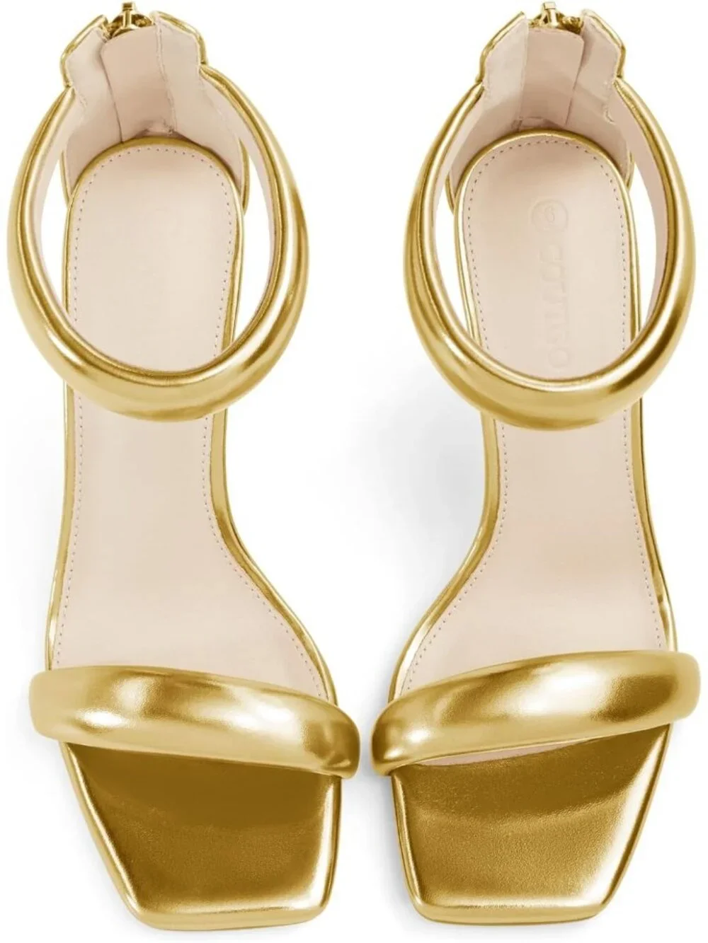 Women's Champagne Gold One Strap Sandals Square Toe Stiletto Heels Casual Shoes